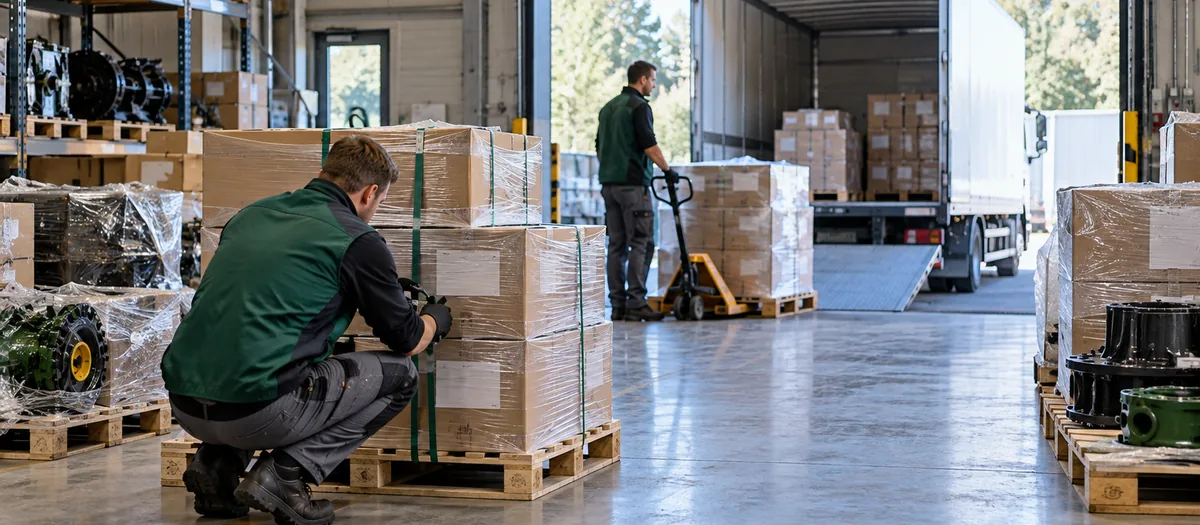 Pallets of spare parts wrapped and banded for dispatch at the loading bay